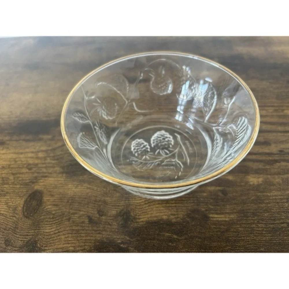 Vintage France Arcoroc Vine & Berry Clear Glass‎ Nut Bowl Gold Lid Trim